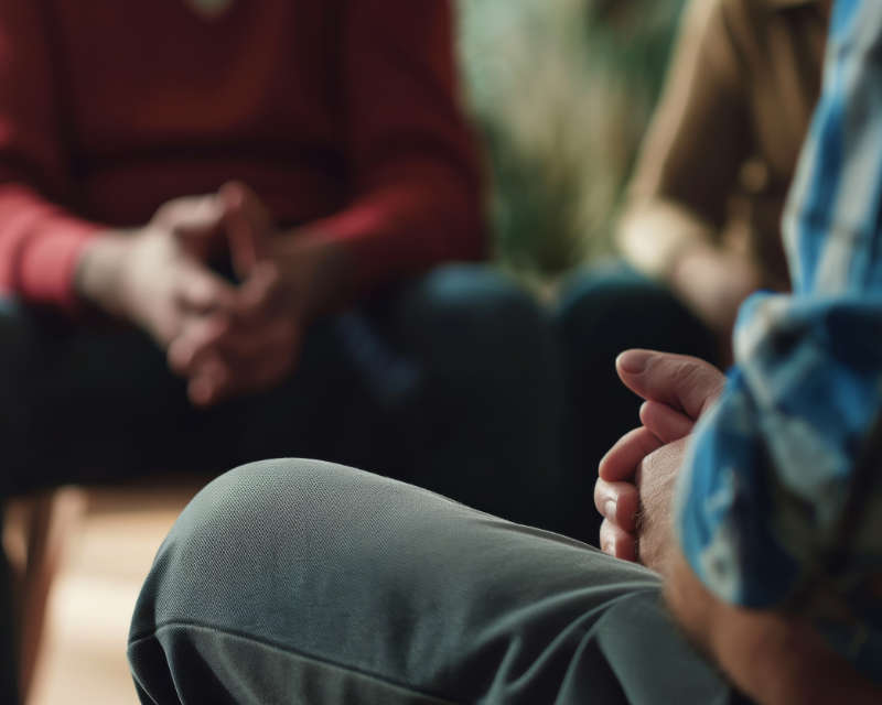 A close up of participants' hands during a group therapy session